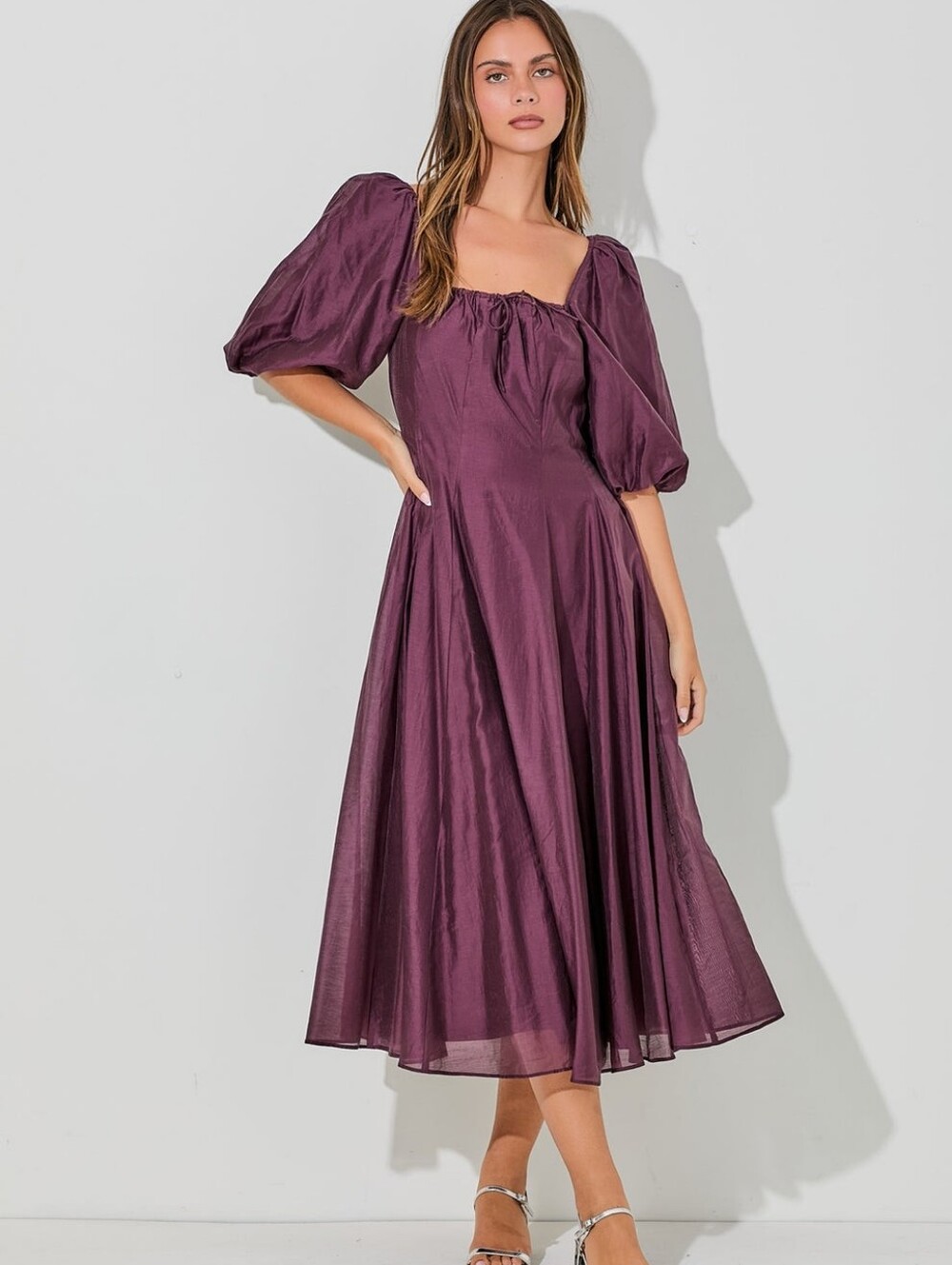Baevely Purple Puff Sleeve Square Neck Flowy Midi Dress